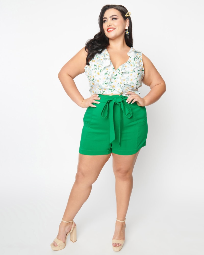 Front of a model wearing a size XL Unique Vintage Green High Waist Tied & True Shorts in Green by Unique Vintage. | dia_product_style_image_id:287595